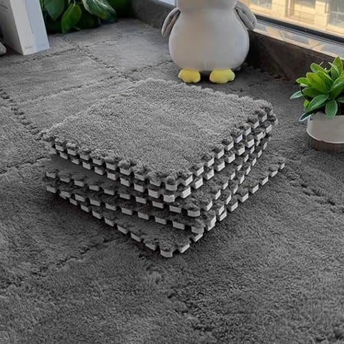 10 Stück Plüsch-Puzzle-Schaumstoff-Bodenmatte, Ineinandergreifende Teppichfliesen, Baby-Spielmatte, Kurze Weiche Kletterteppichmatten aus Korallenvlies für den Zimmerboden, 31 X