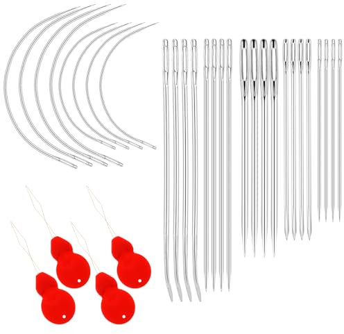 28 Stück Lange Hand Nähnadeln Gebogene Nähnadel Sticknadeln Ledernadel Sattlergarn Ledernadeln mit 4 Stück Nadeleinfädler, Leder Polsternadel Nähwerkzeug für Armband Schmuck und Schmuckherstellung