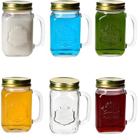 MamboCat 6er Set Country Trinkgläser mit Schraub-Deckel I 420ml, Höhe 13,5cm I für 6 Personen I Becher mit Henkel aus Glas für Smoothies, Cocktails, Limonade & Co