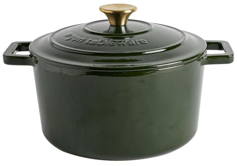Argon Tableware 4.5L Round Cast Iron Casserole Dish with Self-Basting Lid - Green - 1x Induction Hob Cooking 4.75QT Dutch Oven Bread Baking Serving Roasting Stew Stock Pot Cookware Pan