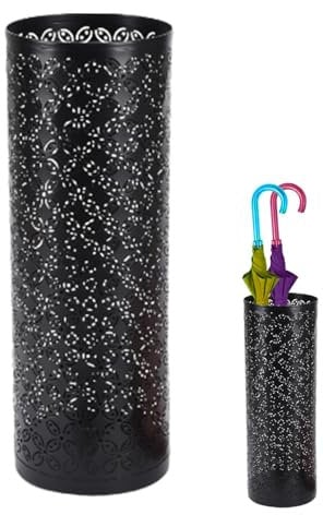 Portaombrelli Metallo Nero Da Esterno, Portaombrelli Design Moderno, Porta Ombrelli Nero Autoportante Rotondo Scavato In Metallo, Portaombrelli Autoportante Per La Decorazione 15X42 Cm