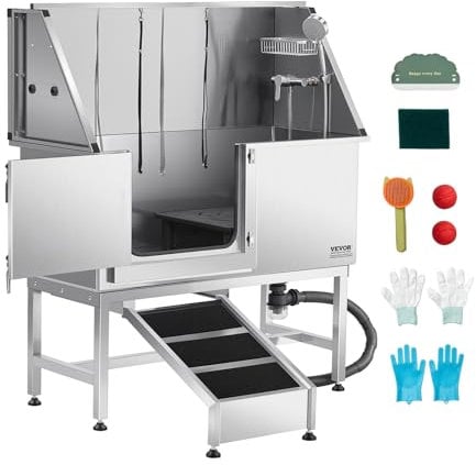 VEVOR Baignoire de Chien Acier Inoxydable, Baignoire de Toilettage pour Animaux de Compagnie 127 cm Station de Lavage Chat, avec Rampe, Panneau Filtre à Eau, Robinet, Pommeau de Douche, Porte Gauche