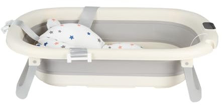 Bañera plegable para bebé con cojín antideslizante, diseño portátil para el hogar y los viajes – Bañera plegable BB fácil de limpiar – 43 x 71 x 18,5 cm (gris)