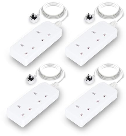 GEEPAS 2 Gang Extension Lead, 2M Cable | 2-Way Plug Extension Cable, 13 A | Wall Mountable & Multi Socket Mains Strip for Home Bedroom Office | Heavy Duty UK Plug | White, Pack of 4