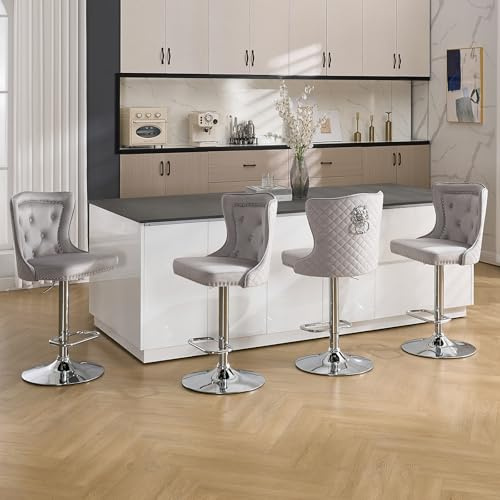 KHISCHMO Barhocker 4er Set Samt Moderne Küchenhocker höhenverstellbare Tresenhocker mit Löwenring-Zuggriff Gepolsterte Barstühle 360° drehbar für Küche Theke, Hellgrau