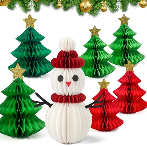 7 Piezas Decoraciones Navideñas - 3D Bolas de Navidad de Panal Decor, Aalberi di Natale di Carta et Bonhomme de Neige, Decoraciones de Mesa Navideñas, Decorazioni Carta Natale para Interiores