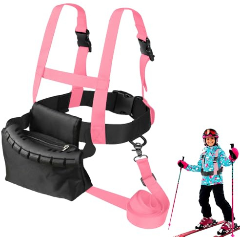 yotutun Ski und Snowboardgurt für Kinder, Skating Trainingsgürtel Kinder Skischultergurt Ski Gurt mit Abnehmbarer Leine und Tasche Zubehör für ungen Mädchen Anfänger, Rosa