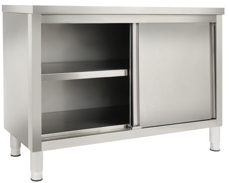 Arbeitsschrank mit Schiebetüren, 3-Etagen Kommerzieller Edelstahl Arbeitstisch, Küchenschrank mit Schiebetüren, Freistehend Edelstahlschrank für Küche, Restaurant, Werkstatt und Garage, 120x50x86 cm