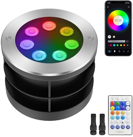 Yotivki Spot encastrable extérieur LED multicolore Bluetooth – 16M Couleurs RGBCW, Blanc réglable 3000K-6500K, DC24VTélécommande RF, 50 modes, IP67 étanche (304 inox)
