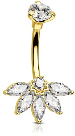 Agrewd Lotus Bauchnabelpiercing 14G Nabelpiercing Schmuck 10mm 316L Chirurgenstahl Gold Belly Button Bar Silber Bauchnabel Piercing Schmuck Klar CZ Navel Ring für Frauen