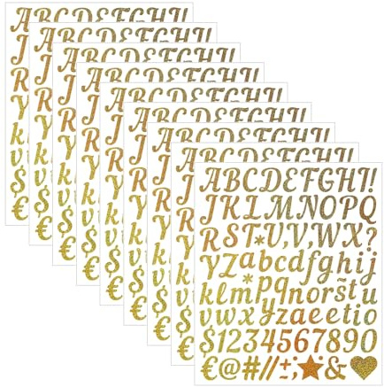 Msiud Gold Glitzer Buchstaben Aufkleber 10 Blatt Selbstklebend Wasserdicht | Wetterfeste Vinyl Buchstaben Zahlen, selbstklebend langlebig, ideal für Scrapbooking DIY Flaschen Briefkasten Indoor Outdoor