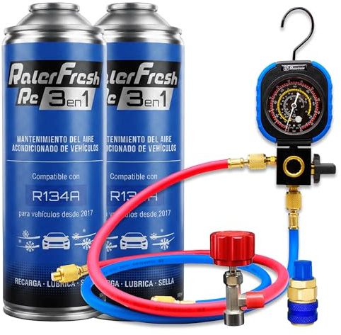 Ralerfresh RC 3 en 1 – Recharge de climatisation voiture R134a jusqu’à 2016 - Gaz réfrigérant, Colmatant de fuites, Lubrifiant (2 bouteilles + manomètre RF31 + connecteur)