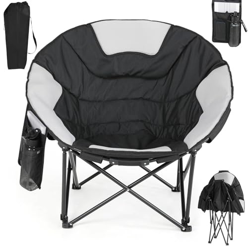 Clevich Folding Moon Chair, Heavy Duty Camping Chair with Breathable Mesh, Padded Cushion, Storage Bag, Supports 150kg Portable Garden Chair for Fishing Beach Outdoor Indoor (1, Black)