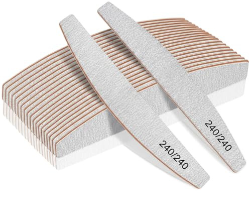 20 Pcs Half Moon Nail Files 240/240 Grit, Professional Double Sided Emery Boards for Natural Nails, Washable and Reusable Manicure Tools for Home and Salon Use