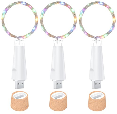 Ceepko USB Bottle Lights Rechargeable Wine Bottle Fairy Lights Cork LED String Lights 20 LEDs Copper Wire for Table Party DIY Decor(Multi-Colour, 3 Pack)