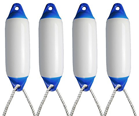 MAJONI 4 X WHITE BLUE QUALITY BOAT FENDERS 45CM 18 SIZE 1 - FREE ROPE INFLATED