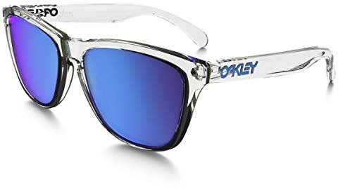 Oakley Frogskins Sunglasses Crystal Clear with Prizm Sapphire Iridium Lens 55mm, Wrap Around, Men's Retro Sunglasses