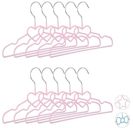 Relaxdays Kinderkleiderbügel Herz 10er Set, Drahtbügel, Babybügel, dekorativ & platzsparend, PVC, Metall, 30 cm, rosa