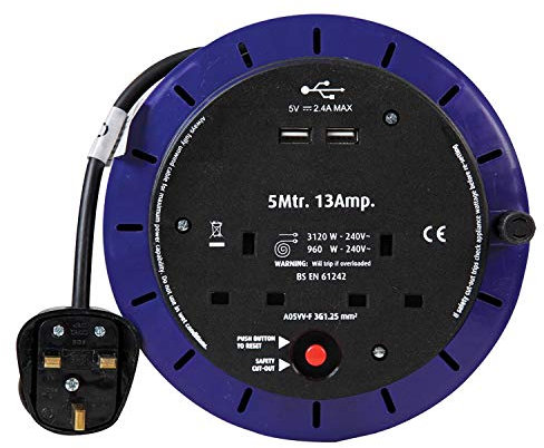 Ex-Pro 2 Way 5M Mains Socket Cassette Reel Extension Lead Cable with 2X USB Charging Ports and Safety Cut-Out Switch 13A - Ideal for Workshops, Offices, Warehouses, DIY and More - Black/Blue