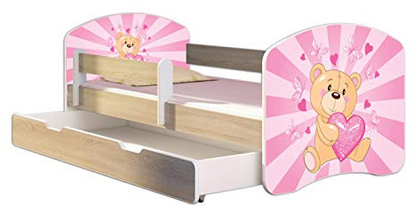 Kinderbett Jugendbett mit einer Schublade und Matratze Sonoma mit Rausfallschutz Lattenrost ACMA II 140x70 160x80 180x80 (10 Teddybär, 180x80 + Bettkasten)