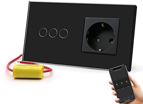 BSEED Normal Steckdose mit Smart Alexa Lichtschalter,Unterputz Senkrecht Glas Schuko Steckdose(Non-WiFi),Single Live Wifi Touch Lichtschalter 3 Fach 1 Weg Schwarz
