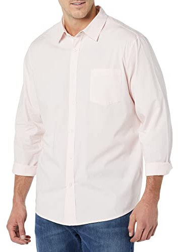 Amazon Essentials Men's Long-Sleeved Regular-Fit Stretch Poplin Shirt, Pink, L