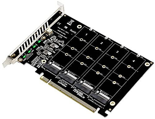 XTVTX 4 Port NVMe zu PCI-e Host Controller Erweiterungskarte, Adapterkarte 4 Port M.2 NVMe SSD Auf PCIE X16 M Key,M.2 NVME zu PCIe X16 Adapter, M Key Festplattenkonverter Lesegerät Erweiterungskarte