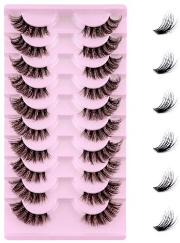 Demi Faux Cils 10 Paires- 3D Faux Cils Naturel à la Main Ultra-Minces Cils Bande Claire Professionnel Cils Noir Réutilisable (1002)