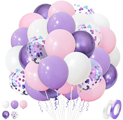 Palloncini Rosa Viola, 50 Pezzi Palloncini in Lattice Rosa Viola da 12 Pollici con Palloncini di Coriandoli Viola Metallizzati per Ragazze Compleanno Battesimo Matrimonio Decorazioni