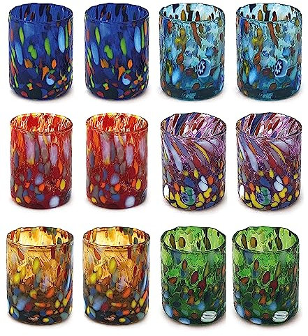 MAZZEGA ART & DESIGN - 12 Bicchieri Shot in Vetro Soffiati e Lavorati a Mano con Murrine di Murano. Linea “I Colori di Murano” 75 ml. Made in Italy (MIX, 12)
