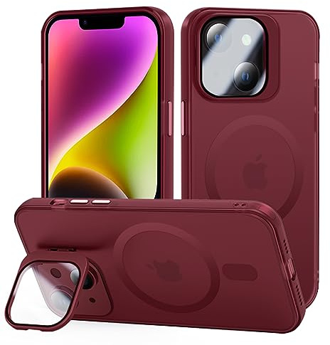 tigratigro Cover con Cavalletto,Compatibile con iPhone 13/14,Protezione Fotocamera H9 vetro temperato,Custodia Posteriore Glassata Traslucida, Anti-Impronte,Sensazione di Velluto (Rosso Scuro)