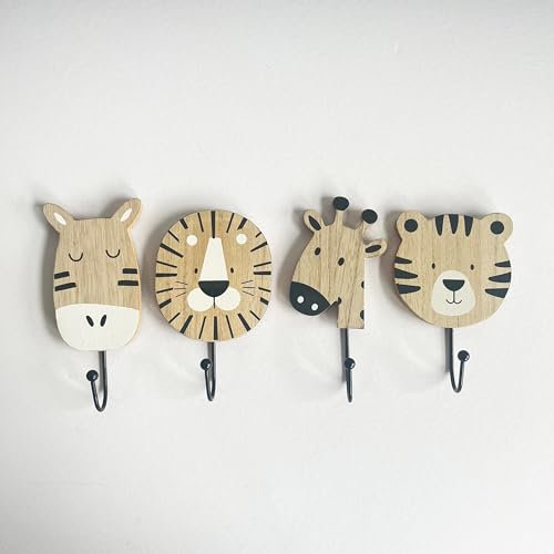pf+a Wooden Animal Hooks - Set of 4 Animal Wall Hooks - Safari Themed Room/Nursery Decor