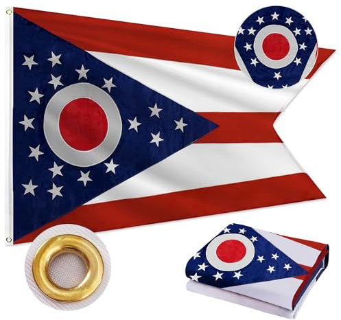 Ohio-Flagge, 90 x 150 cm, doppelseitig, strapazierfähig, 210D-Polyestergewebe, bestickte Kreise und Sterne und 4 Reihen genähte Fliegenenden mit 2 Messingösen, Bundesstaat Ohio OH-Flagge für