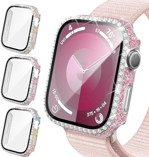 Confezione da 3 custodie luccicanti compatibili con Apple Watch 44 mm SE (2a generazione)/SE/Series 6/5/4, cover paraurti rigida in policarbonato con strass glitterati con protezione schermo in vetro