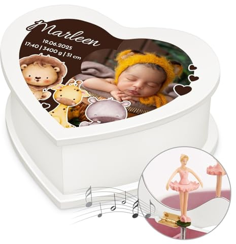 Maverton personalisierte Musikschmuckdose mit eigenem Foto - Schmuckkästchen Ballerina Spieldose - Schmuckkiste in Herzform für Mädchen - Musikspieldose zur Taufe Kommunion - zu Weihnachten - Geburt