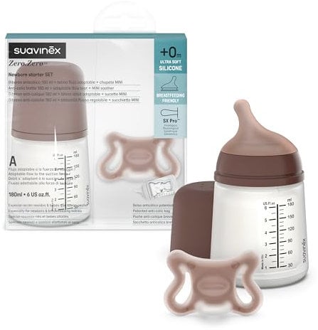 Suavinex, Biberón Anticólico + Chupete Zero Zero. Biberón de 180 ml con Tetina de Flujo Adaptable (A) y Chupete Recién Nacidos Talla -2/2 Meses. Apto Prematuros, Respeta la Lactancia Materna, Deep