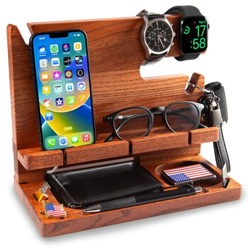 Greta Oto Station de Charge en Bois pour Téléphone, Tablette, Montre, Portefeuille, Accessoires, Support Rangement Bureau, Organisateur de Bureau, Table de Nuit, Cadeaux Hommes (Marron Cerise)