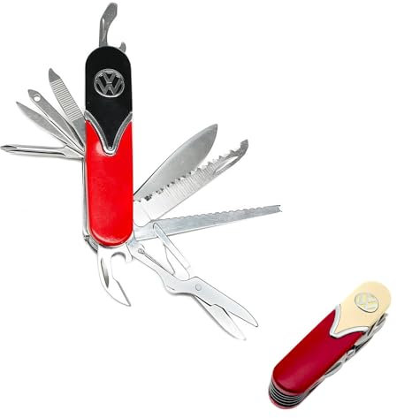 Avilia Schweizer Taschenmesser mit 10 Funktionen – Taschenmesser verwendbar als Schlüsselanhänger mit Volks Wagen-Design, 94 x 26 x 20 mm, Rot