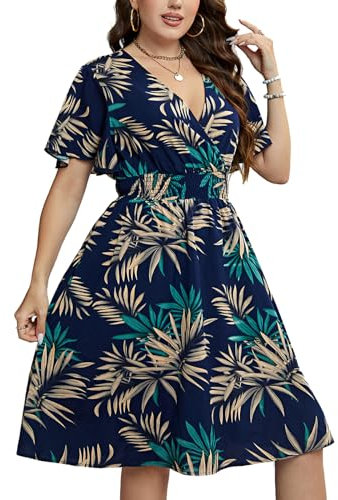 LIAMERHE Damen Übergröße Kleid Elegant V-Ausschnitt Große Größen Casual Kurzarm Kleider A Linie Sommerkleid Blumenmuster Mode Freizeitkleider