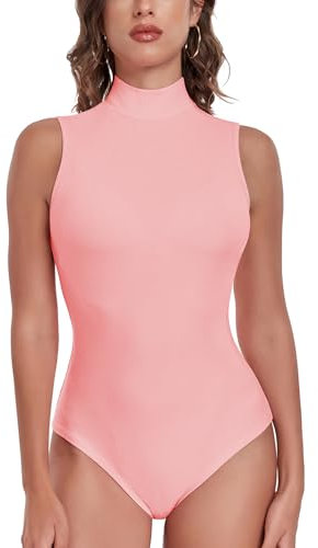 WOWENY Body da donna senza maniche, con colletto alto, elegante, a costine, Colore: rosa., XL