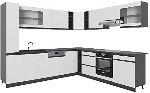 Vicco Eckküche R-Line, Weiß/Anthrazit, 257 x 277 cm J-Shape, AP Anthrazit
