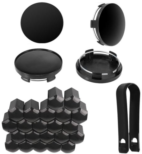 4 St Nabendeckel 60mm Radnabenkappen + 20 St Radschraubenkappen 17mm Set Universal Schwarz Radnabenkappen Kompatibel mit VW und Audi etc Alufelgen + Radschrauben für Auto-Muttern