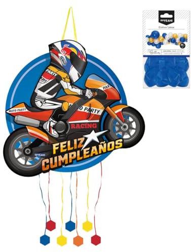 OH YEAH - Piñata Moto Cumpleaños Grande 45 x 43,5 cm + 10 Globos Azul Marino 30cm - Decoración Fiestas Infantiles - Piñatas Grandes para Rellenar - Juguetes y Chuches - FÁCIL DE RELLENAR