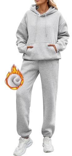 Yuson Girl Tuta Donna Invernale Completa Sportiva 2 Pezzi Tute Casa Cotone Completo Palestra Felpata Tuta Ginnastica in Pile Vello Foderato Felpa Cappuccio e Pantaloni (Grigio chiaro, XXL)
