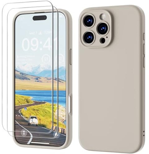 GOODVISH 3 IN 1 for iPhone 16 Pro Max Case 6.9 inch, Upgraded Camera Protection, 2 Pack HD Screen Protector, Liquid Silicone Anti-Scratch Shockproof Gel Rubber Non-Fingerprint Phone Case, Stone Grey