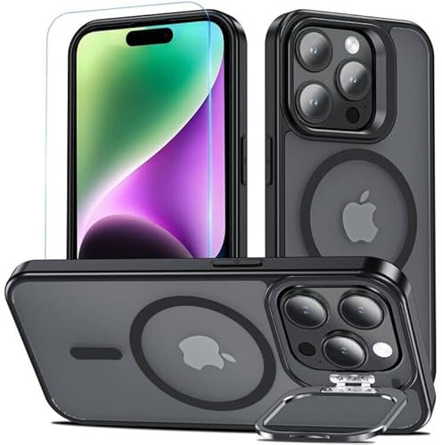 Kuaguozhe für iPhone 15 Pro Hülle, Handyhülle für iPhone 15 Pro mit Schutzfolie, Kompatibel mit MagSafe, integrierter Versteck Ständer Magnetisch Case Stoßfest Schutzhülle für iPhone 15 Pro (Schwarz)