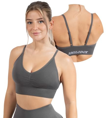 SMILODOX Sport BH Damen Maria - Solid Scrunch Push Up BH, Shaped Fit, Fester Halt, Blickdicht Bustier, verstellbare Träger, V-Ausschnitt BH ohne Bügel, Yoga, Fitness & Alltag, hoher