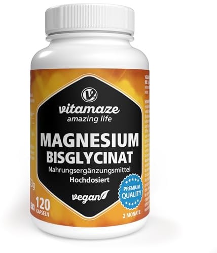 Magnesio Bisglicinato 1500 mg in sole 2 capsule piccole al giorno altamente dosate e vegane, di cui 300 mg di magnesio elementare, Per ossa e stanchezza, 120 capsule, Senza additivi, Made in Germany