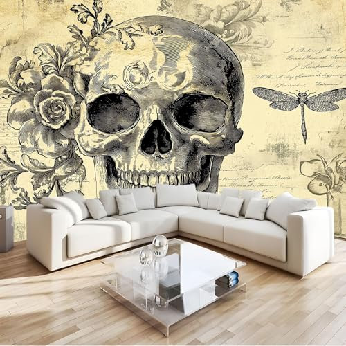 3D Panoramic Wallpaper Mural, 350 x 256 cm Photo Wallpaper Mural, Retro Skull Flowers Photo Wallpaper 3D Effect, Brown Wallpaper Mural - Poster Decoration for Bedroom Living Room Corridor