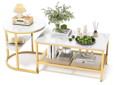 Luminarix 2er Set Couchtisch, Rund und Rechteck Beistelltisch mit Stauraum, Marmor Optik, Metallrahmen Wohnzimmertisch Satztische Sofatisch Kaffeetisch, Weiß & Golden